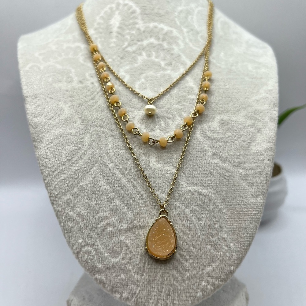 Layered Light Pink Peach Necklace Gold Tone Drusy Beads and Center Pearl Boho